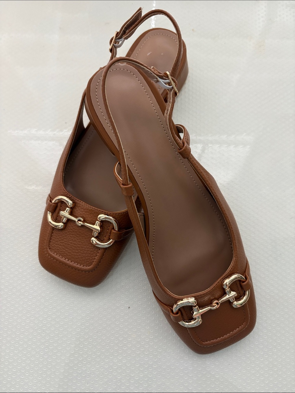 SHEIN Brown Square Toe Slingback Flats with Gold Horsebit